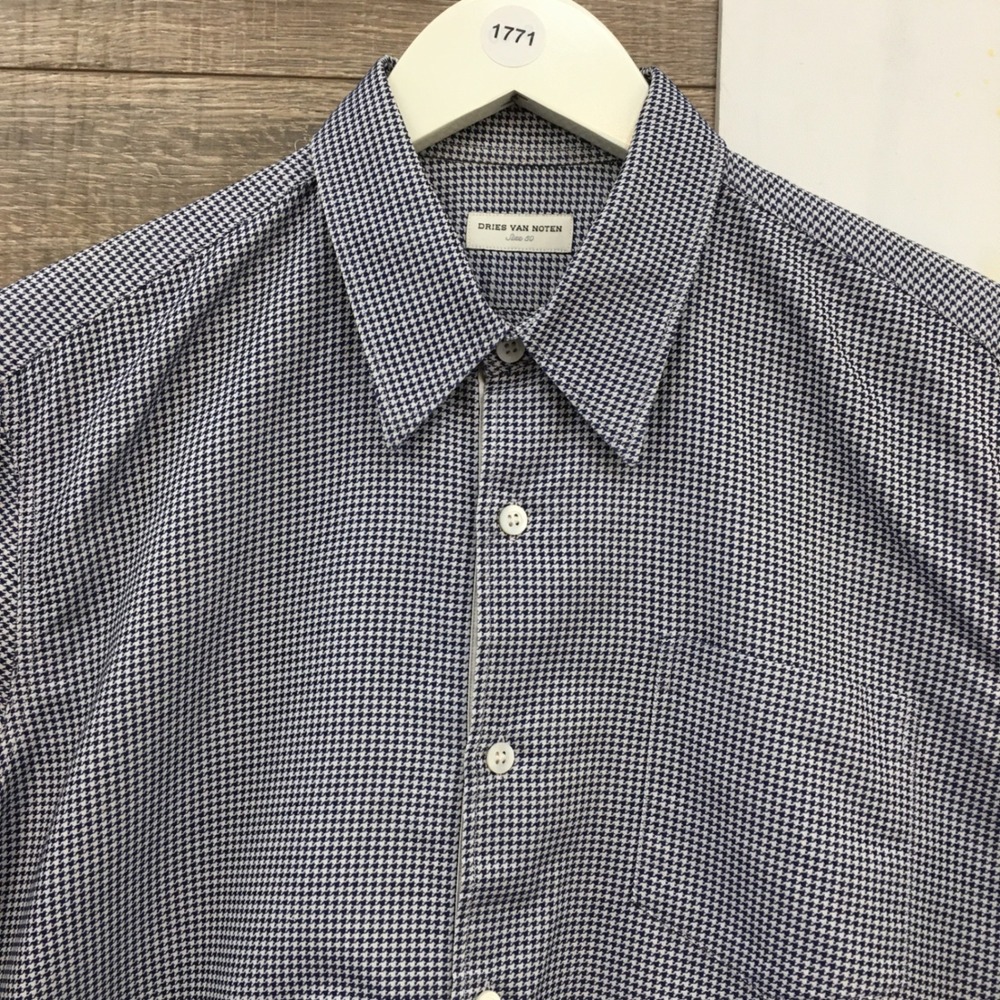 Dries Van Noten Mens Houndstooth Long Sleeve Button Shirt Blue White Size 50 - Picture 2 of 8